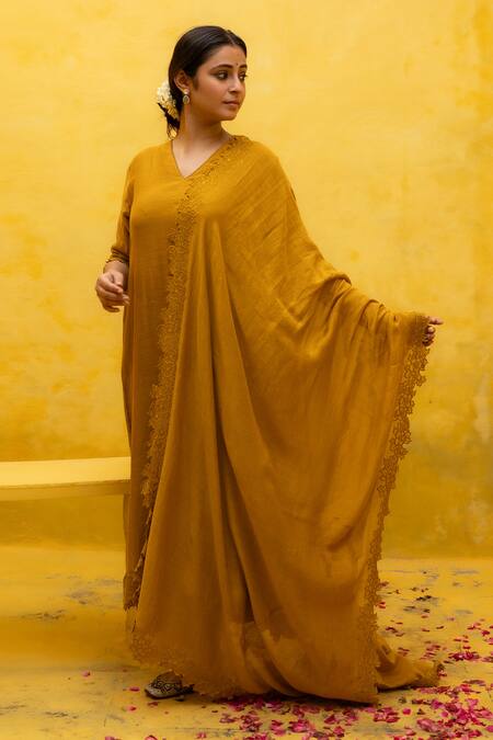 Shop Mithi Supari Yellow Chanderi, Cotton Beads, Cut Work, Embroidery V-neck Ruhh Kurta Set Online at Aza Fashions Shop_Mithi Supari_Yellow Chanderi, Cotton Beads, Cut Work, Embroidery V-neck Ruhh Kurta Set _Online_at_Aza_Fashions