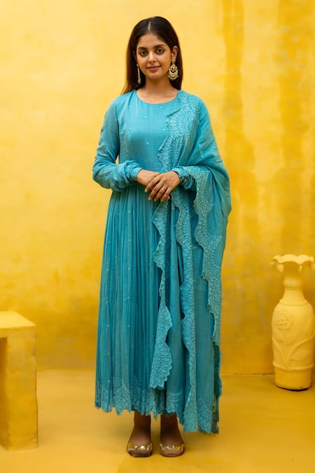 MITHI SUPARI Blue Malai Chanderi Embroidered Resham Ghmoor Thread Work Anarkali Pant Set 