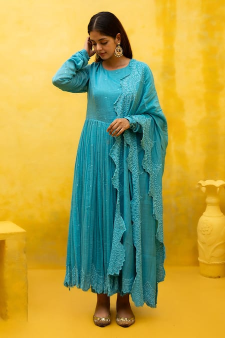 Mithi Supari Blue Maheshwari, Cotton, Chanderi Ghmoor Resham Thread Work Anarkali Pant Set Online at Aza Fashions Mithi Supari_Blue Maheshwari, Cotton, Chanderi Ghmoor Resham Thread Work Anarkali Pant Set _Online_at_Aza_Fashions