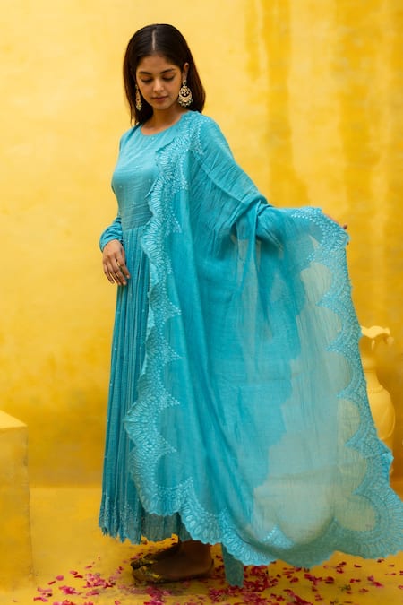 Shop Mithi Supari Blue Maheshwari, Cotton, Chanderi Ghmoor Resham Thread Work Anarkali Pant Set Online at Aza Fashions Shop_Mithi Supari_Blue Maheshwari, Cotton, Chanderi Ghmoor Resham Thread Work Anarkali Pant Set _Online_at_Aza_Fashions