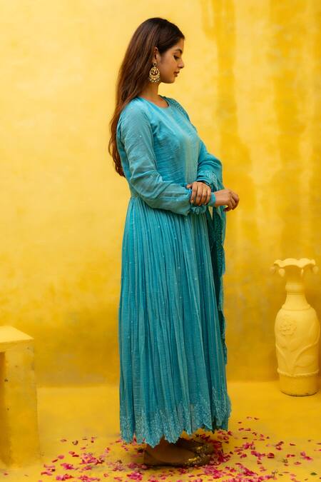 Mithi Supari Blue Maheshwari, Cotton, Chanderi Ghmoor Resham Thread Work Anarkali Pant Set at Aza Fashions Mithi Supari_Blue Maheshwari, Cotton, Chanderi Ghmoor Resham Thread Work Anarkali Pant Set _at_Aza_Fashions