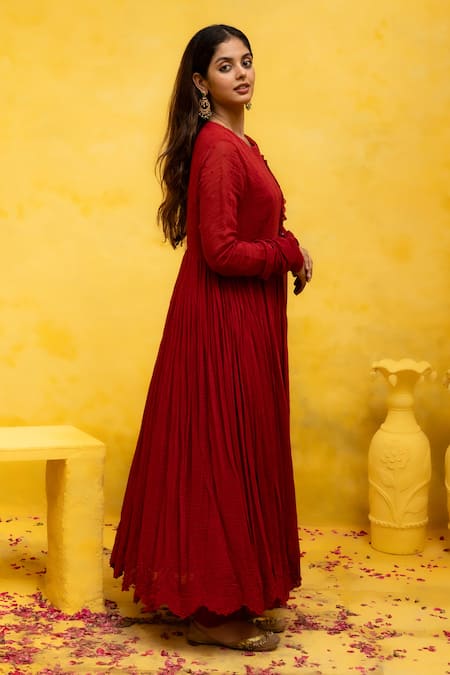 Shop Mithi Supari Red Chanderi, Cotton, Linen Embroidery Ghmoor Resham Thread Anarkali Pant Set Online at Aza Fashions Shop_Mithi Supari_Red Chanderi, Cotton, Linen Embroidery Ghmoor Resham Thread Anarkali Pant Set _Online_at_Aza_Fashions