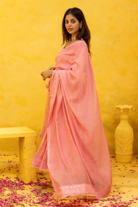 Mithi Supari_Pink Chanderi Sequins, Embroidery Round Neck Malti Thread Anarkali Pant Set _Online_at_Aza_Fashions