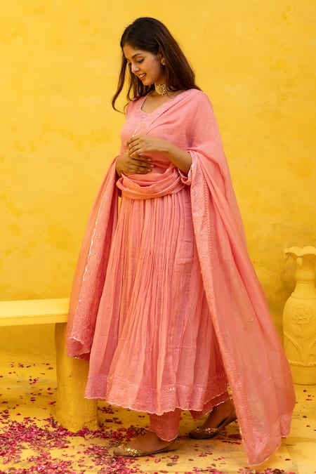 Buy_Mithi Supari_Pink Chanderi Sequins, Embroidery Round Neck Malti Thread Anarkali Pant Set _Online_at_Aza_Fashions