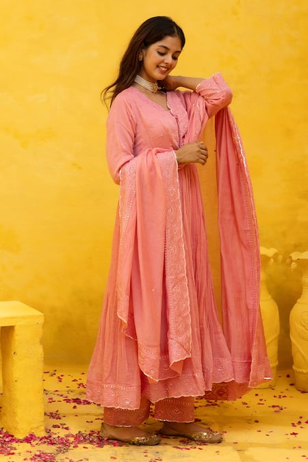Shop_Mithi Supari_Pink Chanderi Sequins, Embroidery Round Neck Malti Thread Anarkali Pant Set _Online_at_Aza_Fashions