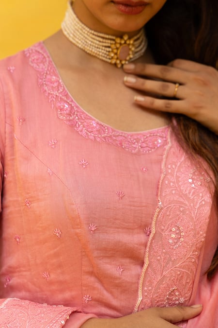 Mithi Supari_Pink Chanderi Sequins, Embroidery Round Neck Malti Thread Anarkali Pant Set _at_Aza_Fashions