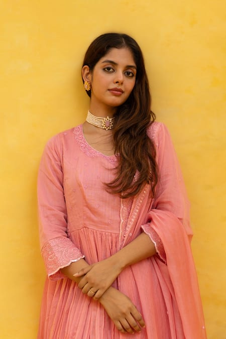 Shop_Mithi Supari_Pink Chanderi Sequins, Embroidery Round Neck Malti Thread Anarkali Pant Set 