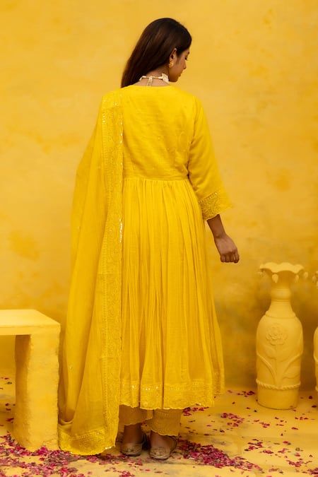 Shop Mithi Supari Yellow Chanderi, Cotton Sequins, Embroidery Round Neck Malti Anarkali Pant Set at Aza Fashions Shop_Mithi Supari_Yellow Chanderi, Cotton Sequins, Embroidery Round Neck Malti Anarkali Pant Set _at_Aza_Fashions
