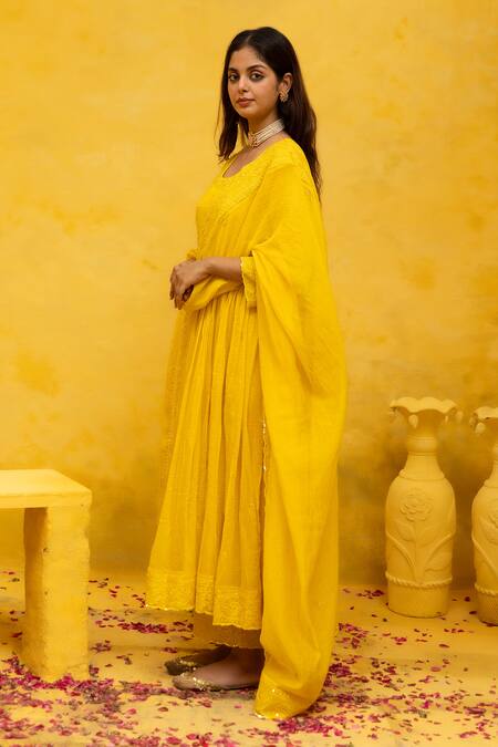 Mithi Supari Yellow Chanderi, Cotton Sequins, Embroidery Round Neck Malti Anarkali Pant Set Online at Aza Fashions Mithi Supari_Yellow Chanderi, Cotton Sequins, Embroidery Round Neck Malti Anarkali Pant Set _Online_at_Aza_Fashions