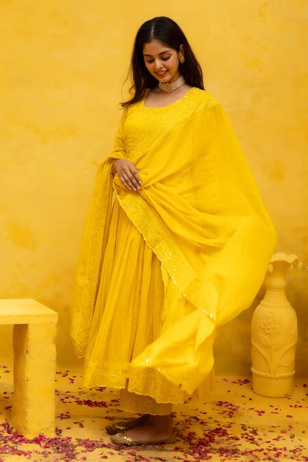 Buy Mithi Supari Yellow Chanderi, Cotton Sequins, Embroidery Round Neck Malti Anarkali Pant Set Online at Aza Fashions Buy_Mithi Supari_Yellow Chanderi, Cotton Sequins, Embroidery Round Neck Malti Anarkali Pant Set _Online_at_Aza_Fashions