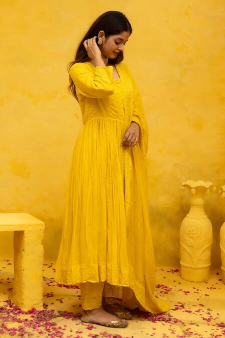 Shop Mithi Supari Yellow Chanderi, Cotton Sequins, Embroidery Round Neck Malti Anarkali Pant Set Online at Aza Fashions Shop_Mithi Supari_Yellow Chanderi, Cotton Sequins, Embroidery Round Neck Malti Anarkali Pant Set _Online_at_Aza_Fashions