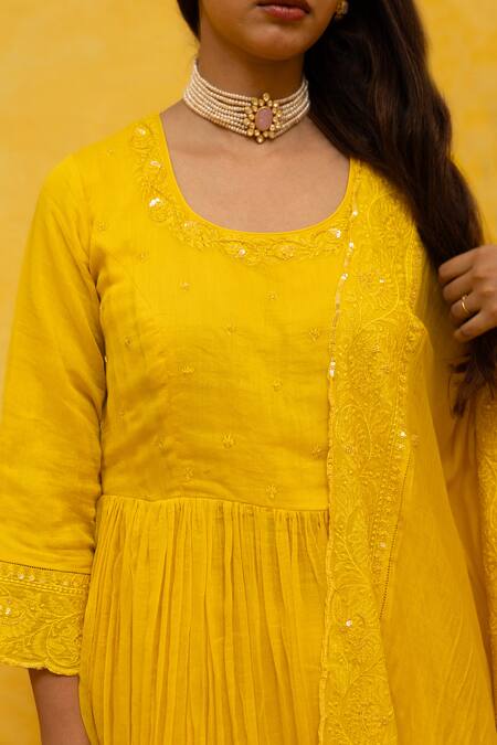 Mithi Supari Yellow Chanderi, Cotton Sequins, Embroidery Round Neck Malti Anarkali Pant Set at Aza Fashions Mithi Supari_Yellow Chanderi, Cotton Sequins, Embroidery Round Neck Malti Anarkali Pant Set _at_Aza_Fashions
