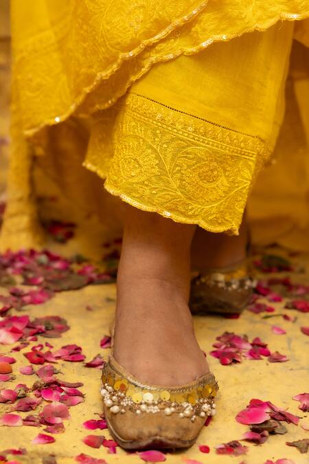 Buy Mithi Supari Yellow Chanderi, Cotton Sequins, Embroidery Round Neck Malti Anarkali Pant Set Buy_Mithi Supari_Yellow Chanderi, Cotton Sequins, Embroidery Round Neck Malti Anarkali Pant Set