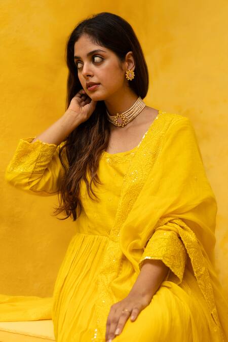 Shop Mithi Supari Yellow Chanderi, Cotton Sequins, Embroidery Round Neck Malti Anarkali Pant Set Shop_Mithi Supari_Yellow Chanderi, Cotton Sequins, Embroidery Round Neck Malti Anarkali Pant Set