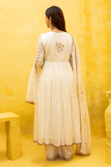 Shop Mithi Supari Ivory Chanderi, Cotton, Linen Embroidery, Zari Gayatri Zardozi Angrakha Set at Aza Fashions Shop_Mithi Supari_Ivory Chanderi, Cotton, Linen Embroidery, Zari Gayatri Zardozi Angrakha Set _at_Aza_Fashions