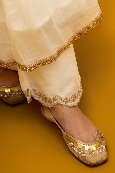 Shop Mithi Supari Ivory Chanderi, Cotton, Linen Embroidery, Zari Gayatri Zardozi Angrakha Set Shop_Mithi Supari_Ivory Chanderi, Cotton, Linen Embroidery, Zari Gayatri Zardozi Angrakha Set