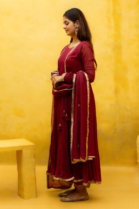 Shop Mithi Supari Maroon Chanderi, Cotton Embroidery, Zari Round Gayatri Zardozi Work Angrakha Set Online at Aza Fashions Shop_Mithi Supari_Maroon Chanderi, Cotton Embroidery, Zari Round Gayatri Zardozi Work Angrakha Set _Online_at_Aza_Fashions