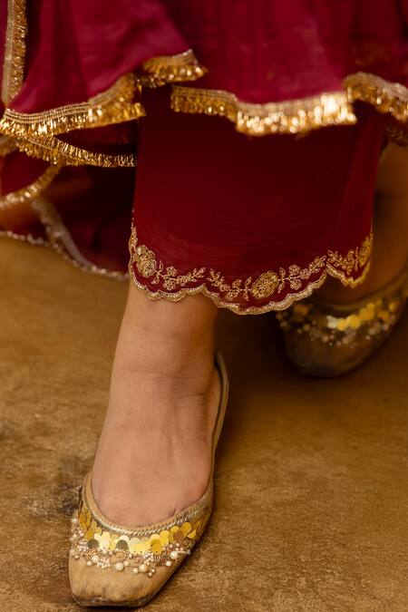 Shop Mithi Supari Maroon Chanderi, Cotton Embroidery, Zari Round Gayatri Zardozi Work Angrakha Set Shop_Mithi Supari_Maroon Chanderi, Cotton Embroidery, Zari Round Gayatri Zardozi Work Angrakha Set