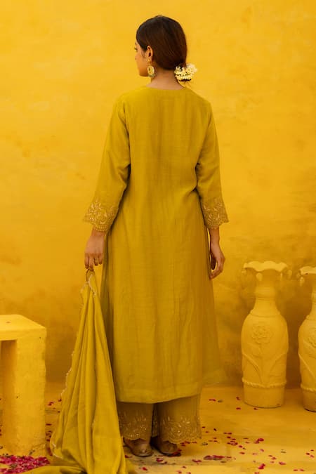 Shop Mithi Supari Green Chanderi, Cotton Sequins, Embroidery, Zari Split Radhika Kurta Pant Set at Aza Fashions Shop_Mithi Supari_Green Chanderi, Cotton Sequins, Embroidery, Zari Split Radhika Kurta Pant Set _at_Aza_Fashions