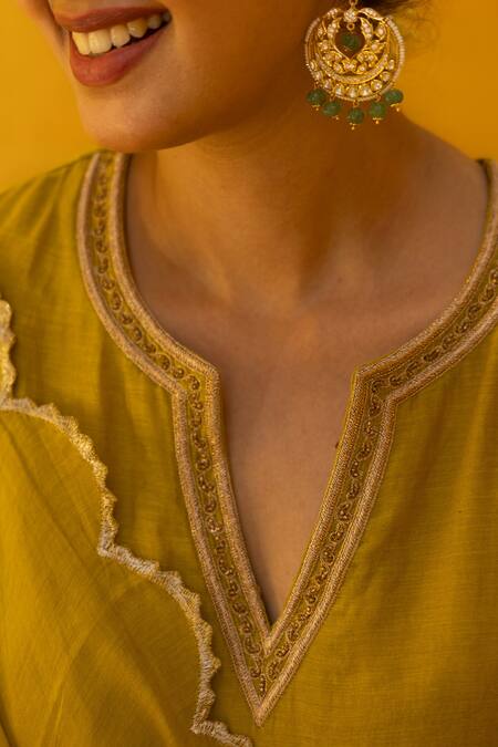 Buy Mithi Supari Green Chanderi, Cotton Sequins, Embroidery, Zari Split Radhika Kurta Pant Set Online at Aza Fashions Buy_Mithi Supari_Green Chanderi, Cotton Sequins, Embroidery, Zari Split Radhika Kurta Pant Set _Online_at_Aza_Fashions