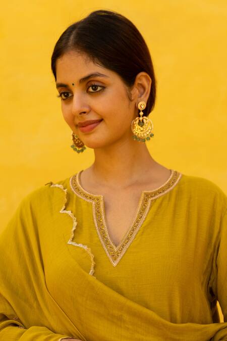 Shop Mithi Supari Green Chanderi, Cotton Sequins, Embroidery, Zari Split Radhika Kurta Pant Set Online at Aza Fashions Shop_Mithi Supari_Green Chanderi, Cotton Sequins, Embroidery, Zari Split Radhika Kurta Pant Set _Online_at_Aza_Fashions