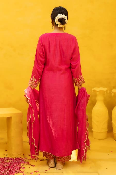 Shop Mithi Supari Pink Chanderi, Cotton Embroidery, Sequins, Zari Radhika A-line Kurta Pant Set at Aza Fashions Shop_Mithi Supari_Pink Chanderi, Cotton Embroidery, Sequins, Zari Radhika A-line Kurta Pant Set _at_Aza_Fashions