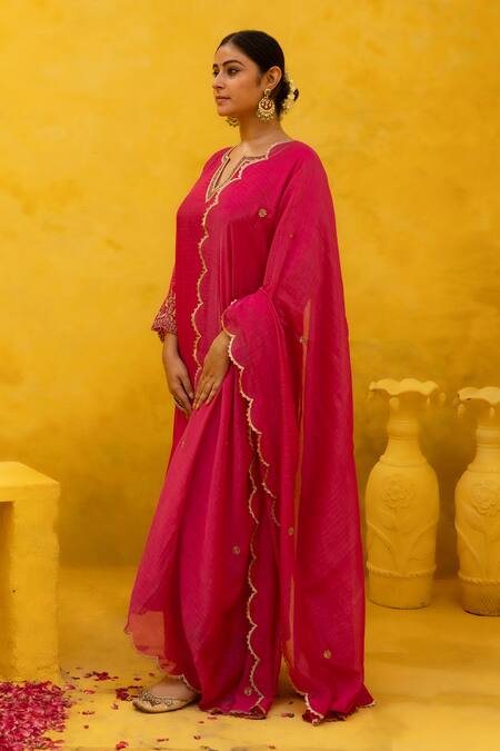 Mithi Supari Pink Chanderi, Cotton Embroidery, Sequins, Zari Radhika A-line Kurta Pant Set Online at Aza Fashions Mithi Supari_Pink Chanderi, Cotton Embroidery, Sequins, Zari Radhika A-line Kurta Pant Set _Online_at_Aza_Fashions
