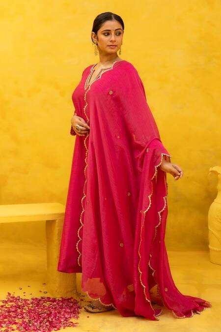Buy Mithi Supari Pink Chanderi, Cotton Embroidery, Sequins, Zari Radhika A-line Kurta Pant Set Online at Aza Fashions Buy_Mithi Supari_Pink Chanderi, Cotton Embroidery, Sequins, Zari Radhika A-line Kurta Pant Set _Online_at_Aza_Fashions