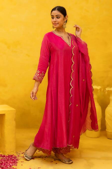 Shop Mithi Supari Pink Chanderi, Cotton Embroidery, Sequins, Zari Radhika A-line Kurta Pant Set Online at Aza Fashions Shop_Mithi Supari_Pink Chanderi, Cotton Embroidery, Sequins, Zari Radhika A-line Kurta Pant Set _Online_at_Aza_Fashions