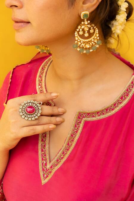 Mithi Supari Pink Chanderi, Cotton Embroidery, Sequins, Zari Radhika A-line Kurta Pant Set at Aza Fashions Mithi Supari_Pink Chanderi, Cotton Embroidery, Sequins, Zari Radhika A-line Kurta Pant Set _at_Aza_Fashions