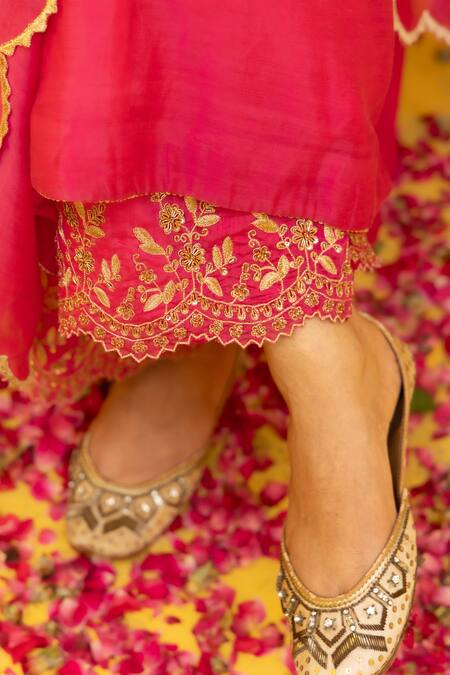 Buy Mithi Supari Pink Chanderi, Cotton Embroidery, Sequins, Zari Radhika A-line Kurta Pant Set Buy_Mithi Supari_Pink Chanderi, Cotton Embroidery, Sequins, Zari Radhika A-line Kurta Pant Set