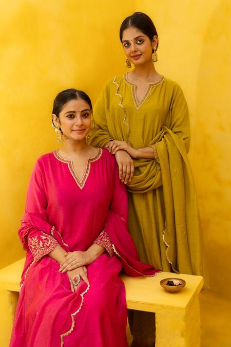 Shop Mithi Supari Pink Chanderi, Cotton Embroidery, Sequins, Zari Radhika A-line Kurta Pant Set Shop_Mithi Supari_Pink Chanderi, Cotton Embroidery, Sequins, Zari Radhika A-line Kurta Pant Set