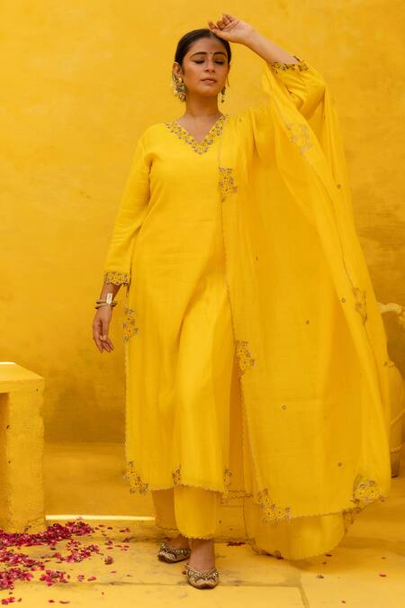 Shop Mithi Supari Yellow Chanderi, Cotton, Linen Beads, Embroidery V-neck Kissa Kurta Pant Set Online at Aza Fashions Shop_Mithi Supari_Yellow Chanderi, Cotton, Linen Beads, Embroidery V-neck Kissa Kurta Pant Set _Online_at_Aza_Fashions