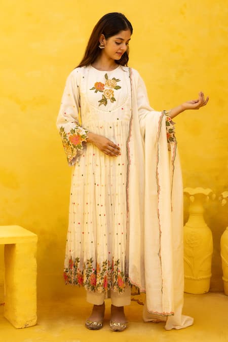 Shop Mithi Supari Ivory Chanderi, Cotton, Muslin Embroidery, Beads Round Mohi Floral Anarkali Set at Aza Fashions Shop_Mithi Supari_Ivory Chanderi, Cotton, Muslin Embroidery, Beads Round Mohi Floral Anarkali Set _at_Aza_Fashions