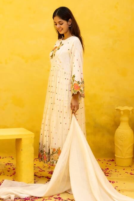 Buy Mithi Supari Ivory Chanderi, Cotton, Muslin Embroidery, Beads Round Mohi Floral Anarkali Set Online at Aza Fashions Buy_Mithi Supari_Ivory Chanderi, Cotton, Muslin Embroidery, Beads Round Mohi Floral Anarkali Set _Online_at_Aza_Fashions