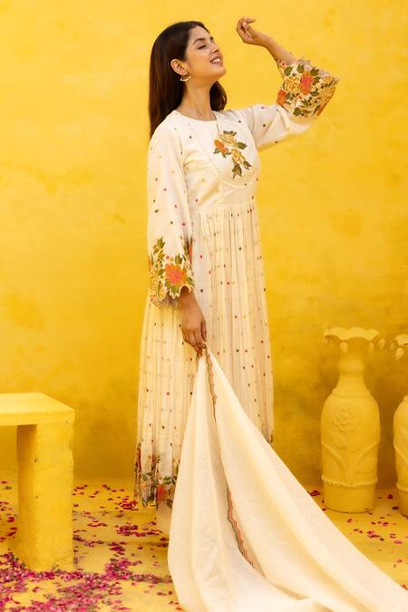 Shop Mithi Supari Ivory Chanderi, Cotton, Muslin Embroidery, Beads Round Mohi Floral Anarkali Set Online at Aza Fashions Shop_Mithi Supari_Ivory Chanderi, Cotton, Muslin Embroidery, Beads Round Mohi Floral Anarkali Set _Online_at_Aza_Fashions