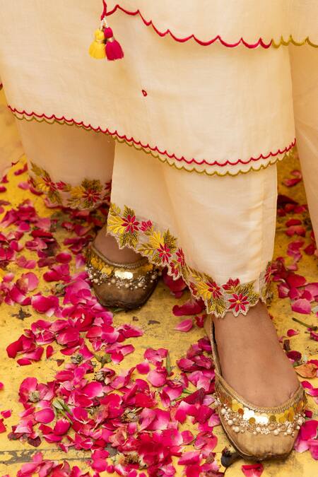 Shop_Mithi Supari_Ivory Chanderi, Cotton Embroidery Round Neck Baghi Straight Kurta Pant Set _Online_at_Aza_Fashions