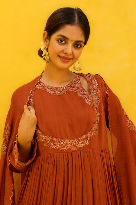 Mithi Supari Orange Chanderi Embroidery Keyhole Neck Kalki Floral Anarkali Set Online at Aza Fashions Mithi Supari_Orange Chanderi Embroidery Keyhole Neck Kalki Floral Anarkali Set _Online_at_Aza_Fashions