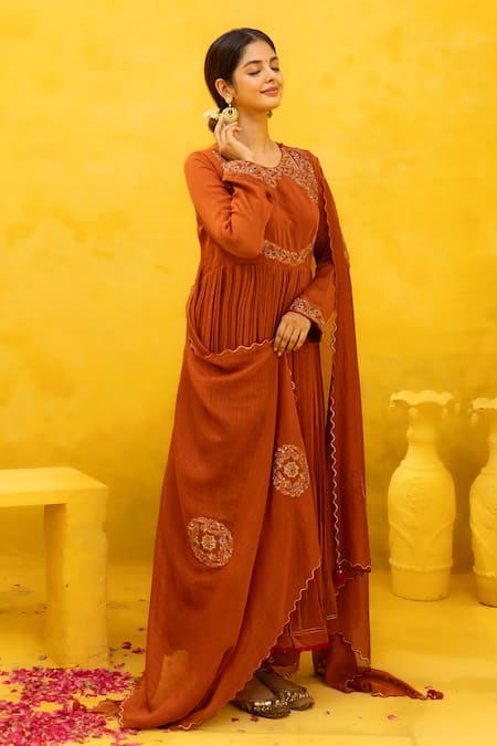 Buy Mithi Supari Orange Chanderi Embroidery Keyhole Neck Kalki Floral Anarkali Set Buy_Mithi Supari_Orange Chanderi Embroidery Keyhole Neck Kalki Floral Anarkali Set
