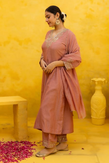 Shop_Mithi Supari_Pink Chanderi, Cotton Embroidery, Zari V-neck Sevantika Paisley Kurta Pant Set _Online_at_Aza_Fashions