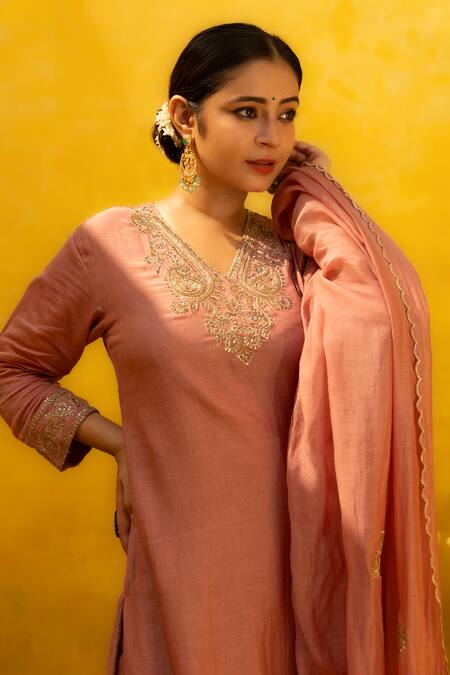 Shop_Mithi Supari_Pink Chanderi, Cotton Embroidery, Zari V-neck Sevantika Paisley Kurta Pant Set 