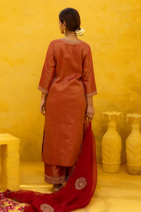 Shop Mithi Supari Red , Organza, Cotton Embroidery, Zari, Kumkum Kurta Pant Set at Aza Fashions Shop_Mithi Supari_Red , Organza, Cotton Embroidery, Zari, Kumkum Kurta Pant Set _at_Aza_Fashions