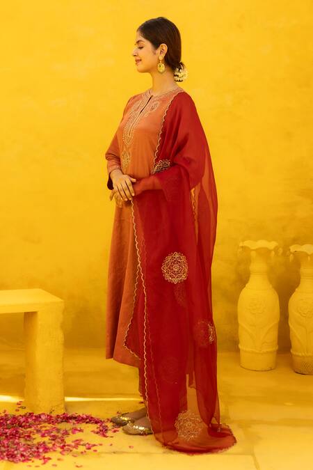 Mithi Supari Red , Organza, Cotton Embroidery, Zari, Kumkum Kurta Pant Set at Aza Fashions Mithi Supari_Red , Organza, Cotton Embroidery, Zari, Kumkum Kurta Pant Set _at_Aza_Fashions