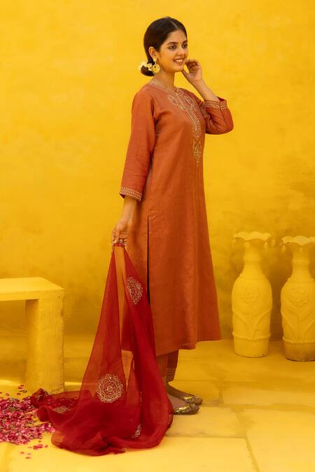 Shop Mithi Supari Red , Organza, Cotton Embroidery, Zari, Kumkum Kurta Pant Set Shop_Mithi Supari_Red , Organza, Cotton Embroidery, Zari, Kumkum Kurta Pant Set