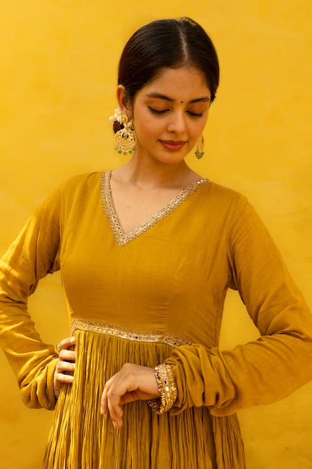 Mithi Supari Yellow Chanderi, Cotton Embroidery, Zari V-neck Kusha Zardosi Anarkali Set Online at Aza Fashions Mithi Supari_Yellow Chanderi, Cotton Embroidery, Zari V-neck Kusha Zardosi Anarkali Set _Online_at_Aza_Fashions
