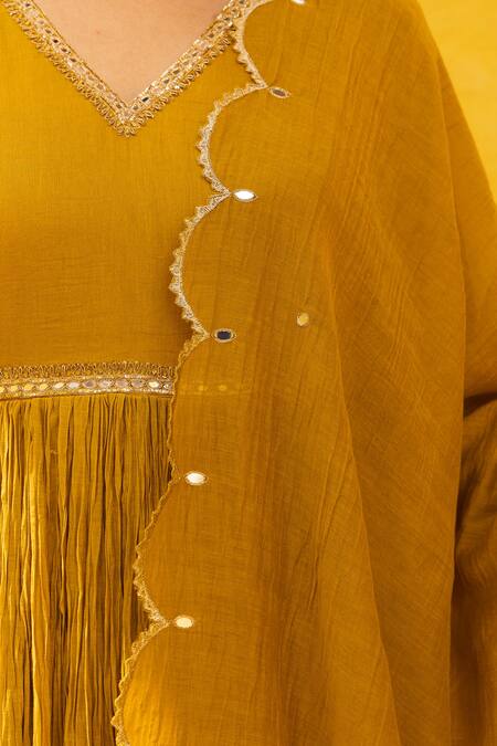 Buy Mithi Supari Yellow Chanderi, Cotton Embroidery, Zari V-neck Kusha Zardosi Anarkali Set Online at Aza Fashions Buy_Mithi Supari_Yellow Chanderi, Cotton Embroidery, Zari V-neck Kusha Zardosi Anarkali Set _Online_at_Aza_Fashions