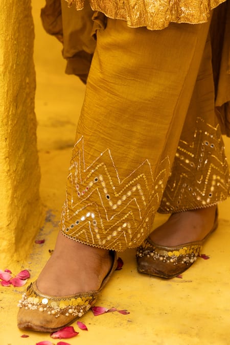 Shop Mithi Supari Yellow Chanderi, Cotton Embroidery, Zari V-neck Kusha Zardosi Anarkali Set Online at Aza Fashions Shop_Mithi Supari_Yellow Chanderi, Cotton Embroidery, Zari V-neck Kusha Zardosi Anarkali Set _Online_at_Aza_Fashions