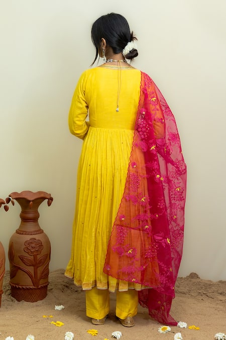 Shop Mithi Supari Yellow Chanderi, Organza Sequins, Zari, Neckline Angarkha Anarkali Set at Aza Fashions Shop_Mithi Supari_Yellow Chanderi, Organza Sequins, Zari, Neckline Angarkha Anarkali Set _at_Aza_Fashions