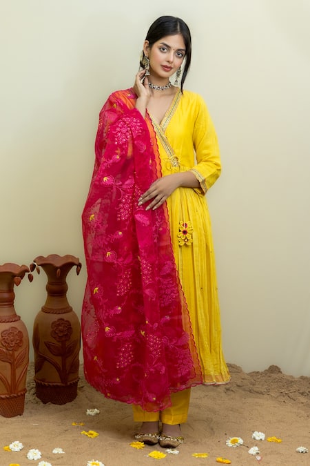 Mithi Supari Yellow Chanderi, Organza Sequins, Zari, Neckline Angarkha Anarkali Set Online at Aza Fashions Mithi Supari_Yellow Chanderi, Organza Sequins, Zari, Neckline Angarkha Anarkali Set _Online_at_Aza_Fashions