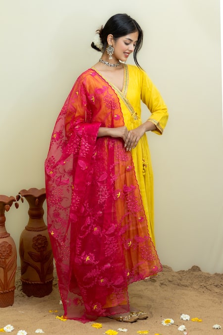 Shop Mithi Supari Yellow Chanderi, Organza Sequins, Zari, Neckline Angarkha Anarkali Set Online at Aza Fashions Shop_Mithi Supari_Yellow Chanderi, Organza Sequins, Zari, Neckline Angarkha Anarkali Set _Online_at_Aza_Fashions